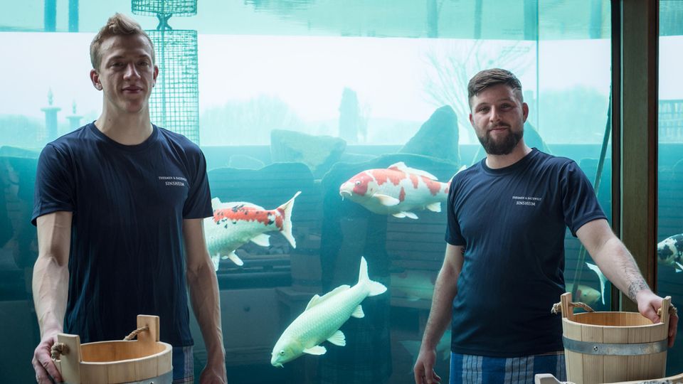 Besuch in Sinsheim: Koi und Kerle: Die Badewelt Sinsheim bietet ihren Gästen japanische Karpfen zur Kontemplation sowie die Animateure Marcel Hetzel (l.) und Norman Hohenreuther Koi und Kerle: Die Badewelt Sinsheim bietet ihren Gästen japanische Karpfen zur Kontemplation sowie die Animateure Marcel Hetzel (l.) und Norman Hohenreuther