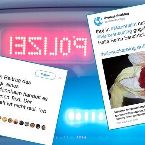 Rechts der Tweet zur Terror-Falschmeldung des "Rheinneckarblog", links die Warnung der Polizei vor der Fake News