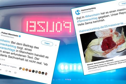 Rechts der Tweet zur Terror-Falschmeldung des "Rheinneckarblog", links die Warnung der Polizei vor der Fake News