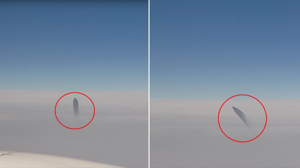 Eine Kombo zeigt ein dunkles Flugobjekt, das vertikal durch die Wolkendecke stößt und dann nach links schwenkt