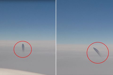 Eine Kombo zeigt ein dunkles Flugobjekt, das vertikal durch die Wolkendecke stößt und dann nach links schwenkt