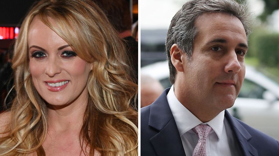 Eine Bildkombo zeigt links Stormy Daniels, eine Frau mit langen, blonden Haaren und rechts Michael Cohen mit angegrauten Haaren