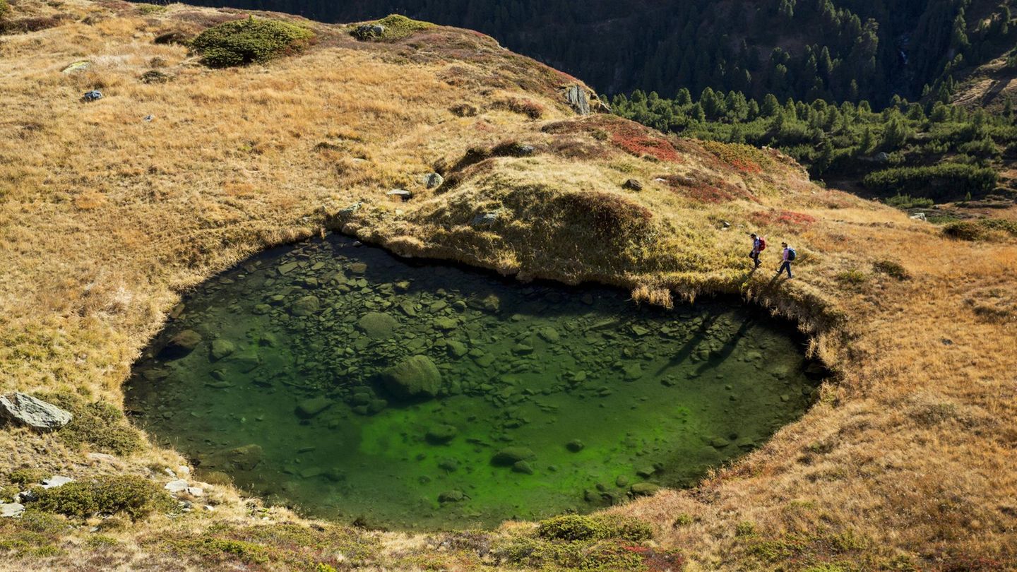 Zwei Wanderer sehen beim Abstieg vom Ramolhaus in den Ötztaler Alpen einem klaren Grün ins Auge.