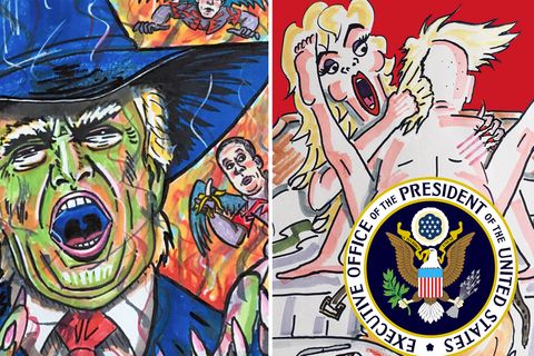 Eine bunte Zeichnung von Jim Carrey zeigt Donald Trump mit aufgerissenem Mund und spitzem Hexenhut auf dem Kopf