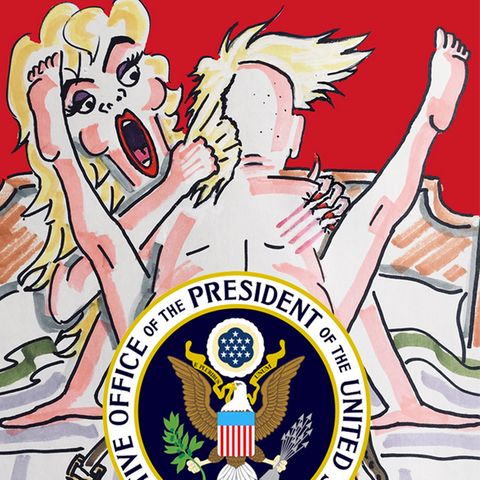 Eine bunte Zeichnung von Jim Carrey zeigt Donald Trump mit aufgerissenem Mund und spitzem Hexenhut auf dem Kopf