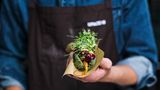 Anstelle eines Würstchens sind im Hot-Dog-Brötchen getrocknete und glacierte Baby-Möhren, Bete- und Beeren-Ketchup, Senf, Kurkuma-Creme, geröstete Zwiebeln, Gurkensalat und ein Kräuter-Salat-Mix. 