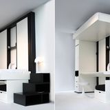 Das Schreibtischbett: Noch ein Bett zum Hochfahren - unter dem Bettkasten steckt diesmal kein freier Raum, sondern ein Tisch, ein Sessel und ein Hocker.