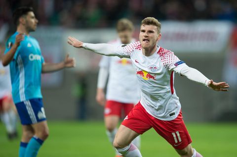 Time Werner jubelt über sein 1:0 für RB Leipzig gegen Olympique Marseille in der Europa League
