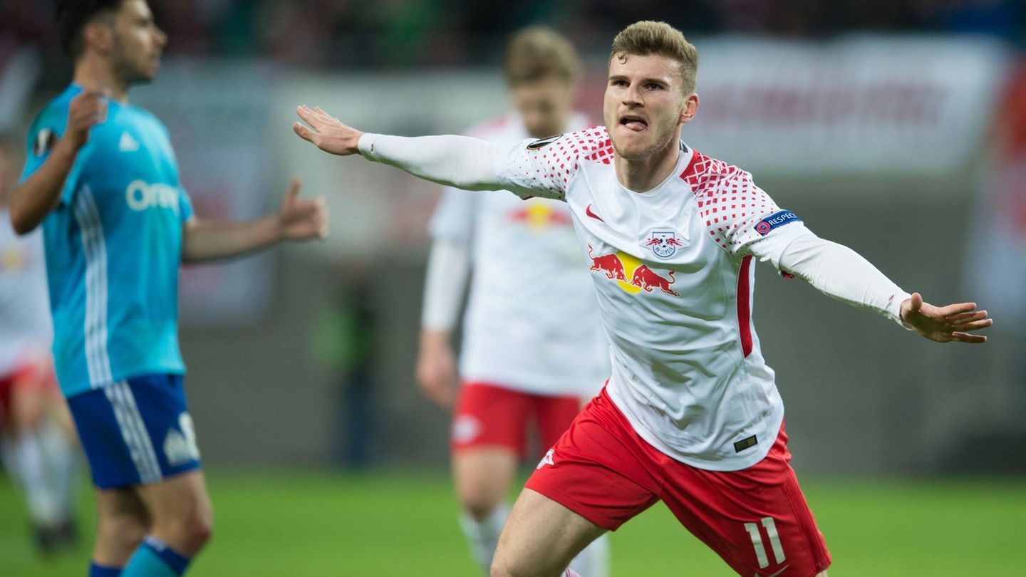 Time Werner jubelt über sein 1:0 für RB Leipzig gegen Olympique Marseille in der Europa League