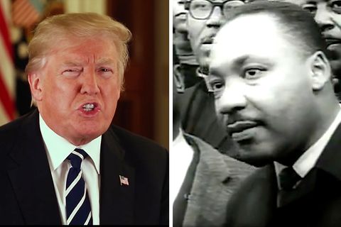 Eine Bildkombo zeigt links US-Präsident Donald Trump vor einer US-Flagge, rechts ein Schwarz-weiß-Bild von Martin Luther King