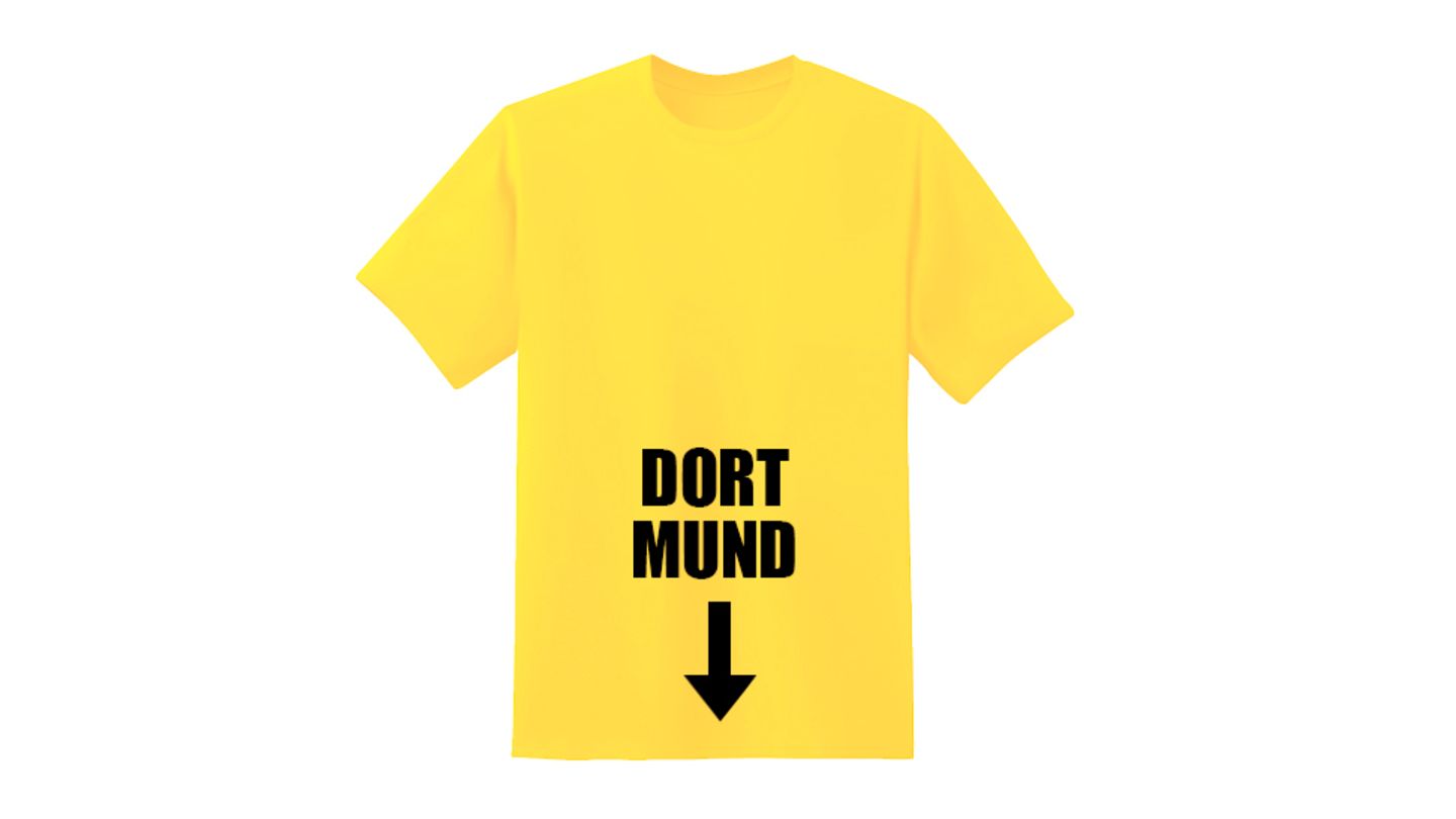 Shirt mit dem Aufdruck "Dort Mund" und einem Pfeil Richtung Schritt