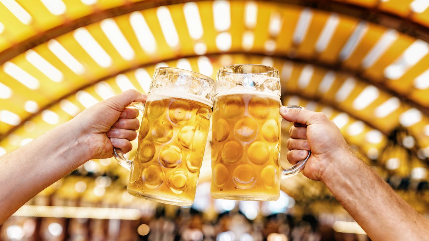Menschen stoßen mit Biergläsern an