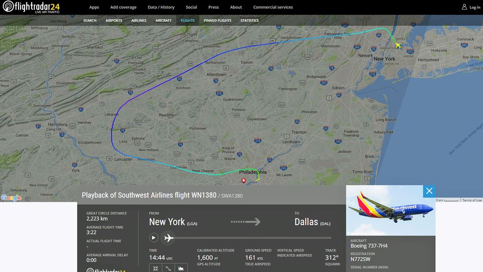 Zwischenfall bei Southwest: Die Flugroute des Boeing 737-700 von Southwest Airlines: Die in New York gestartete Maschine machte eine Notlandung in Philadelphia. Die Flugroute des Boeing 737-700 von Southwest Airlines: Die in New York gestartete Maschine machte eine Notlandung in Philadelphia.