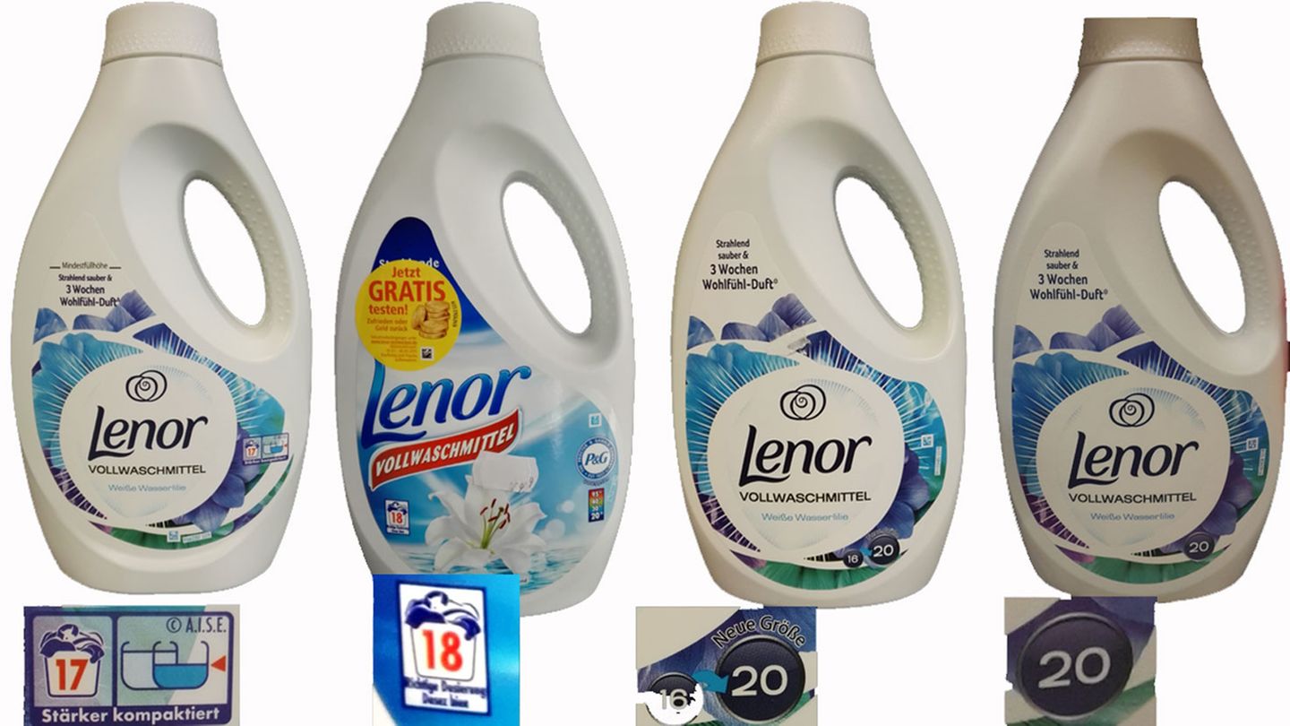 April 2018: Mogelpackung des Monats April: Vier unterschiedliche Lenor-Flaschen fand die Verbraucherzentrale Hamburg im Handel. Die neueste (links) reicht nur noch für 17 statt 20 Waschladungen - bei gleicher UVP. Die Kunden sollen zudem wegen geänderter Inhaltsstoffe nur noch 55 statt bisher 70 Milliliter pro Ladung verwenden. Wer das nicht mitbekommt, macht die Flasche noch schneller leer. Unterm Strich bleibt beim Kunden viel Verwirrung.