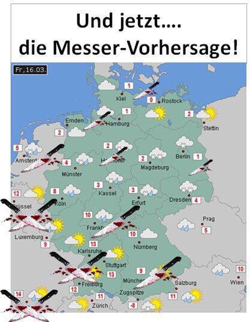 Rechtes Gedankengut: 17. 3. 2018, 19:51: Die Orte, an denen die blutigen Messer platziert sind, sollen an entsprechende Angriffe erinnern. Mit dem Thema Kriminalität befassen sich sehr viele Beiträge 17. 3. 2018, 19:51: Die Orte, an denen die blutigen Messer platziert sind, sollen an entsprechende Angriffe erinnern. Mit dem Thema Kriminalität befassen sich sehr viele Beiträge