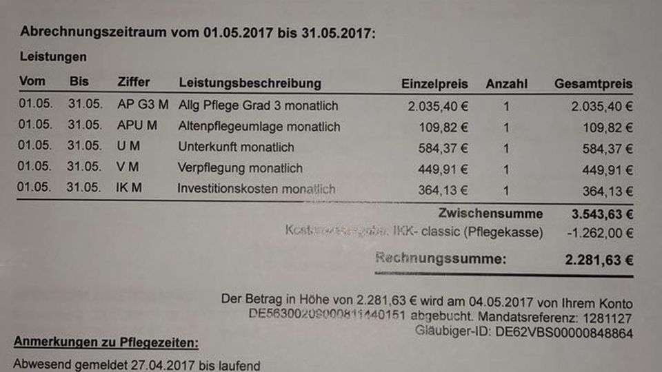 Rechtes Gedankengut: 15. 3. 2018, 19.07 Uhr: Ein Mitglied stellt die Rechnung eines Pflegeheims für seine Mutter in den Chat. Es zahlte für einen Monat rund 2300 Euro. Mitgefühl kommt auf 15. 3. 2018, 19.07 Uhr: Ein Mitglied stellt die Rechnung eines Pflegeheims für seine Mutter in den Chat. Es zahlte für einen Monat rund 2300 Euro. Mitgefühl kommt auf