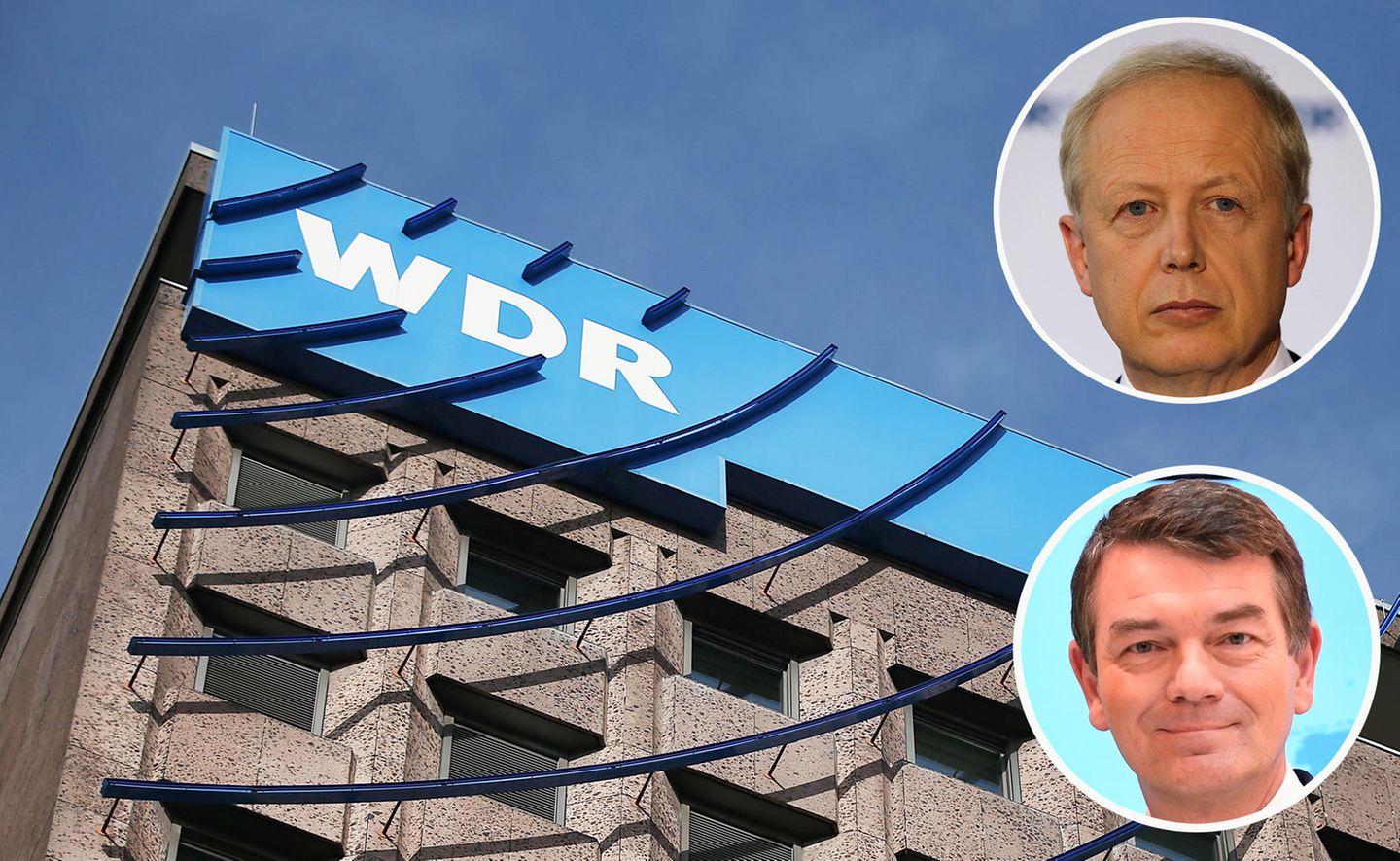 WDR-Hauptgebäude in Köln mit Portraits von Intendant Tom Buhrow