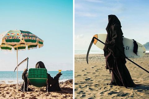 Witziger Instagram-Kanal: Sensenmann am Strand: So sieht es aus, wenn der Tod mal Spaß haben will