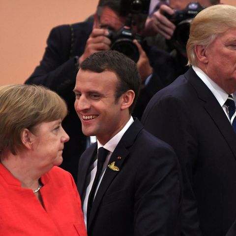 Angela Merkel, Emmanuel Macron und Donald Trump
