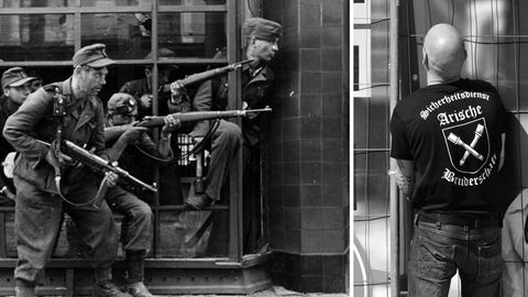 Links: Männer der Sturmbrigade Dirlewanger in Warschau. Rechts: Ordner in Ostritzt.