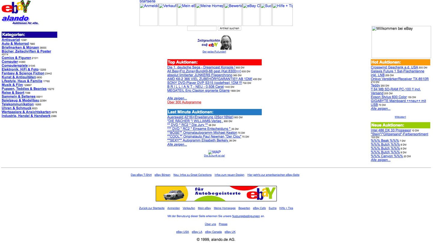 Screenshot von Ebay Deutschland in 1999