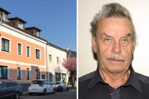 Links: Horror-Haus von Amstetten Rechts: Gesicht von Josef Fritzl