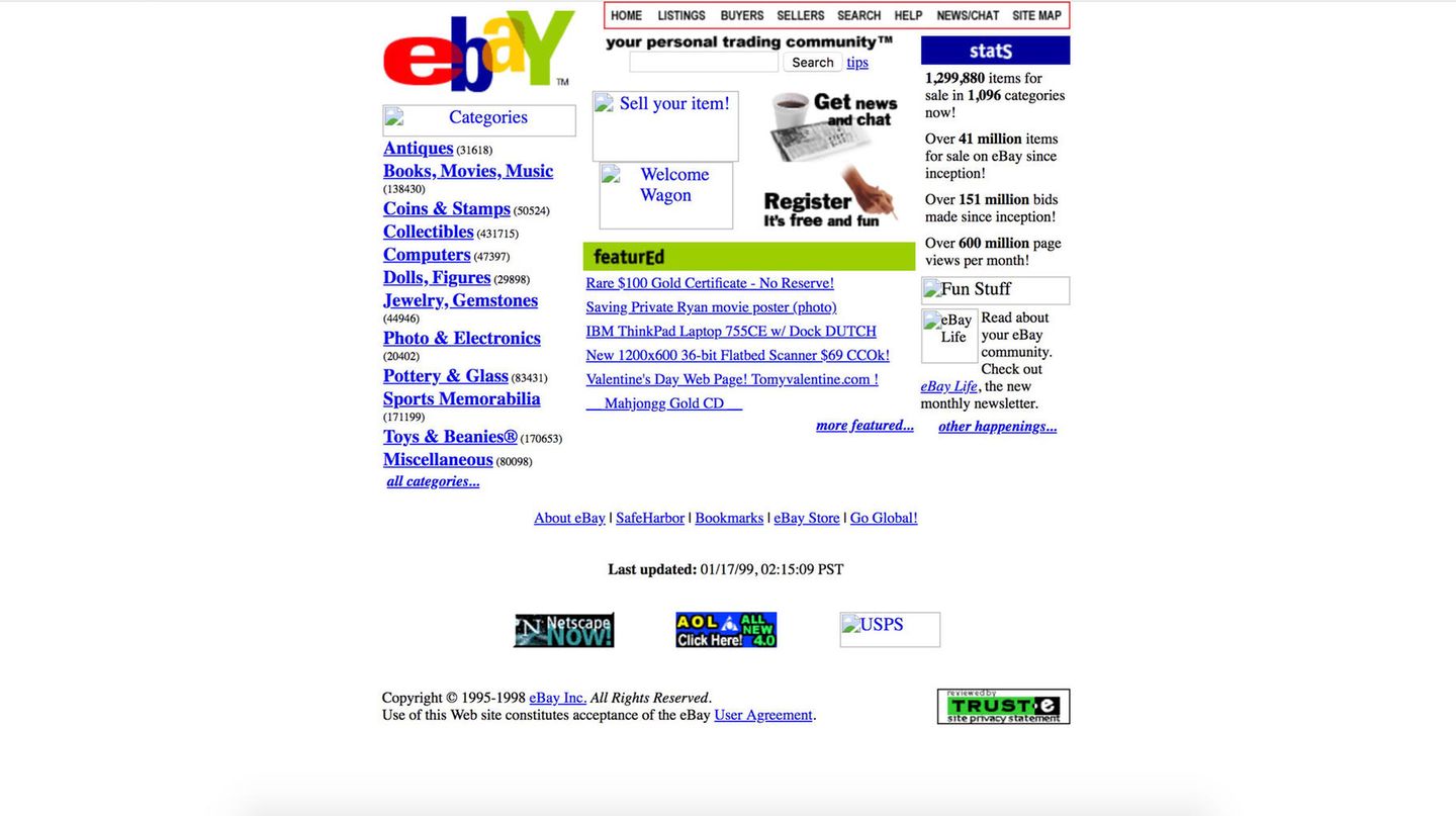 Screenshot von Ebay in 1999