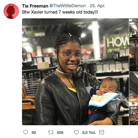 Die junge Mutter Tia Freeman mit ihrem kleinen Sohn im Arm