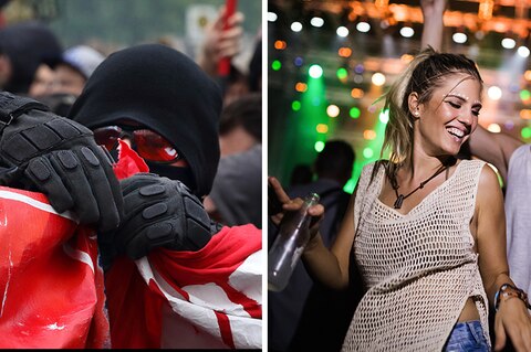 Demonstranten und Partygänger am 1. Mai