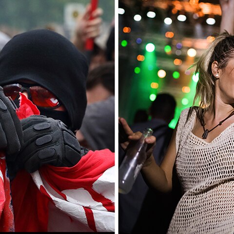 Demonstranten und Partygänger am 1. Mai