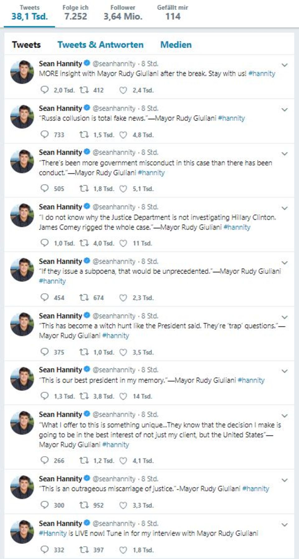 Stormy-Daniels-Skandal: Der Moment, als Fox-News-Mann Sean Hannity begreift, dass "sein" Präsident gelogen hat Stormy-Daniels-Skandal: Der Moment, als Fox-News-Mann Sean Hannity begreift, dass "sein" Präsident gelogen hat