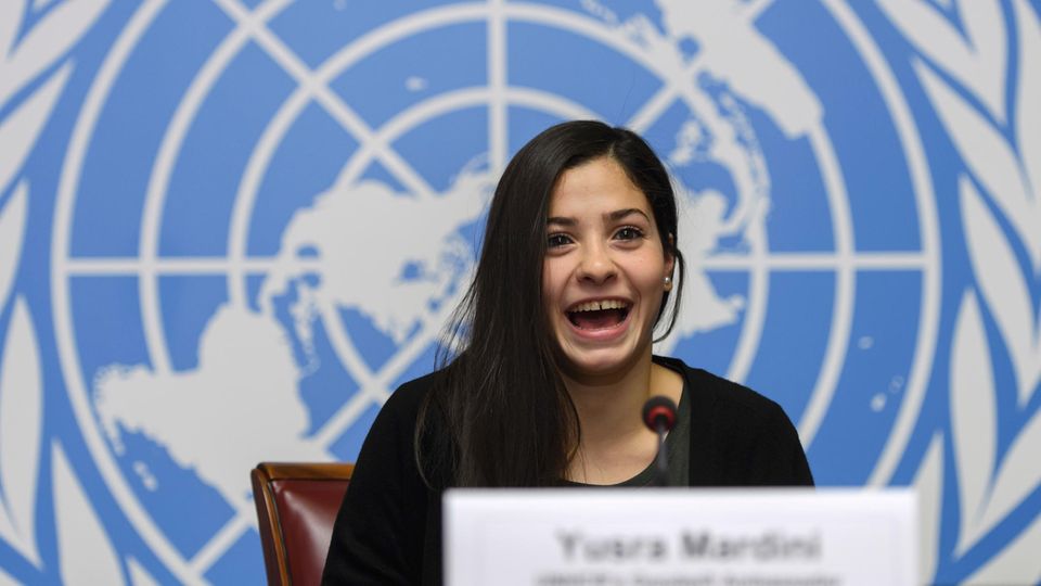 Olympia-Schwimmerin: Große Bühne: Mardini spricht in der Europa-Zentrale der Vereinten Nationen in Genf Große Bühne: Mardini spricht in der Europa-Zentrale der Vereinten Nationen in Genf