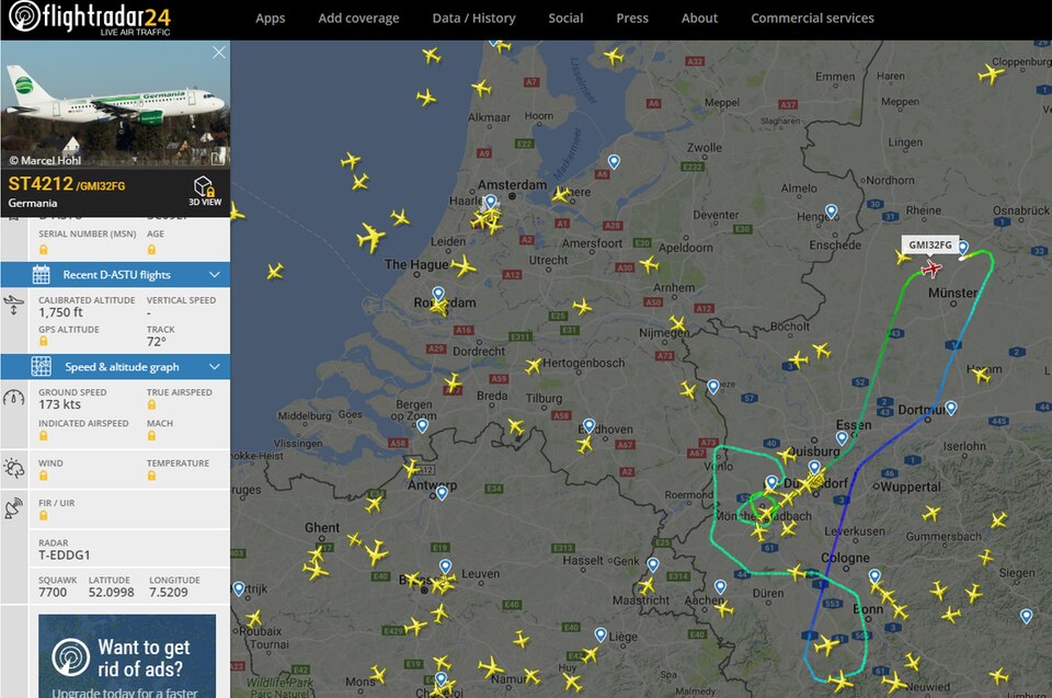 Der Airbus flog mehrere Schleifen über dem Rheinland Der Airbus flog mehrere Schleifen über dem Rheinland