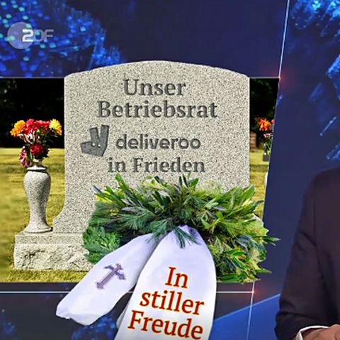 Ruhe in Frieden: Der Betriebsrat von Deliveroo in Köln. "Millionen Deutsche werden um den Mindestlohn beschissen", so lautete eines der Themen der "heute Show" am 3. Mai 2018.