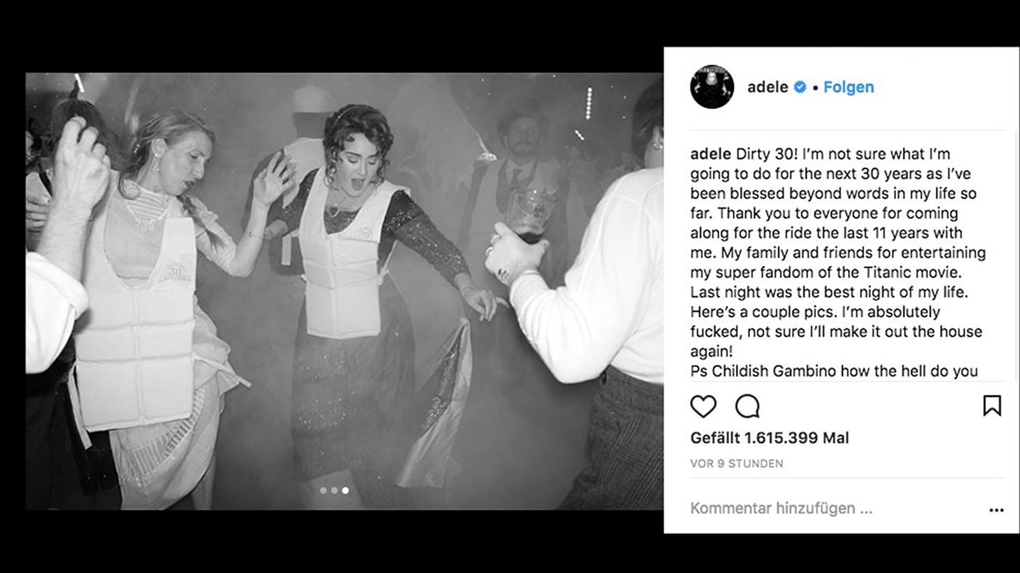 Adele tanzt in edlem Kleid und Rettungsweste mit anderen Menschen