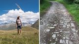 Abseits des Asphalts finden sich noch erstaunlich viele alte Pfade, einst mühsam gepflastert (l.). Hauser schaffte auch den mehr als 2000 Meter hohen Septimerpass, über den einst die Römer ihre Legionen führten