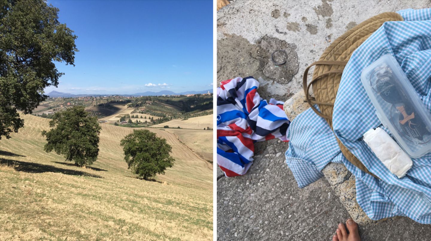 Noch einmal ein Blick zurück auf die weite Landschaft des Südens, dann für die Audienz beim Papst die kurze Hose gegen Besseres tauschen...