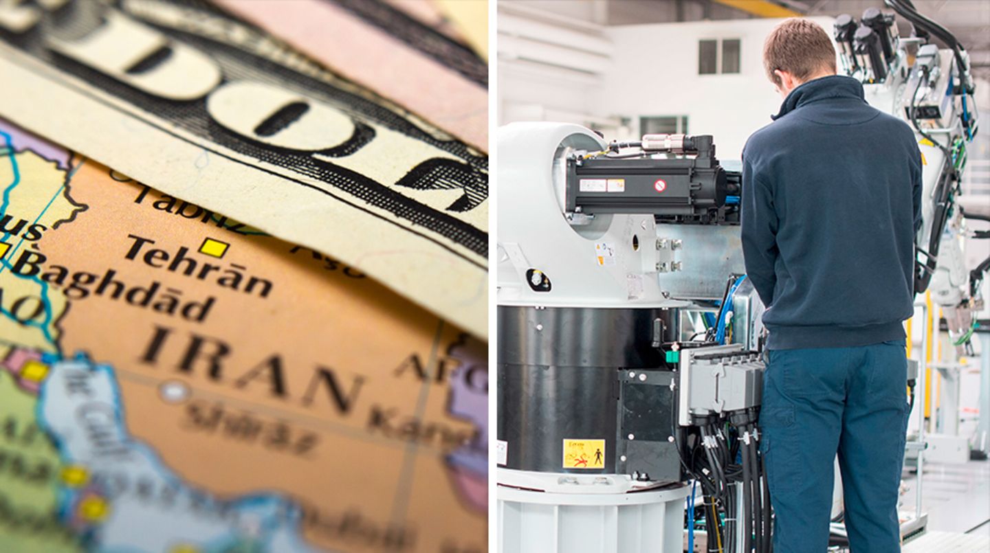 Eine Bildkombo zeigt links eine Karte des Iran mit der Hauptstadt Teheran und rechts eine Ingenieur, der eine Maschine bedient