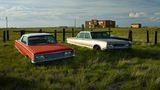 Auf einer grüne Wiese rasten diese Modelle aus den 1960er Jahren: ein roter Chrysler New Yorker, Baujahr 1965, und ein gold-glänzender Chrysler Newport von 1966.
