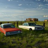 Auf einer grüne Wiese rasten diese Modelle aus den 1960er Jahren: ein roter Chrysler New Yorker, Baujahr 1965, und ein gold-glänzender Chrysler Newport von 1966.