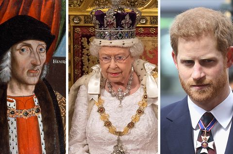 Eine Bildkombo zeigt Heinrich VII. Tudor, Queen Elizabeth II. und ihren Enkel Prinz Harry
