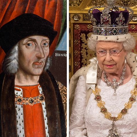 Eine Bildkombo zeigt Heinrich VII. Tudor, Queen Elizabeth II. und ihren Enkel Prinz Harry