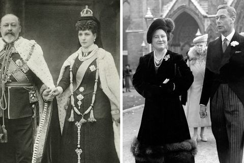 König Edward VII. mi Gemahlin Alexandra (l.) und Queen Mum mit Ehemann George
