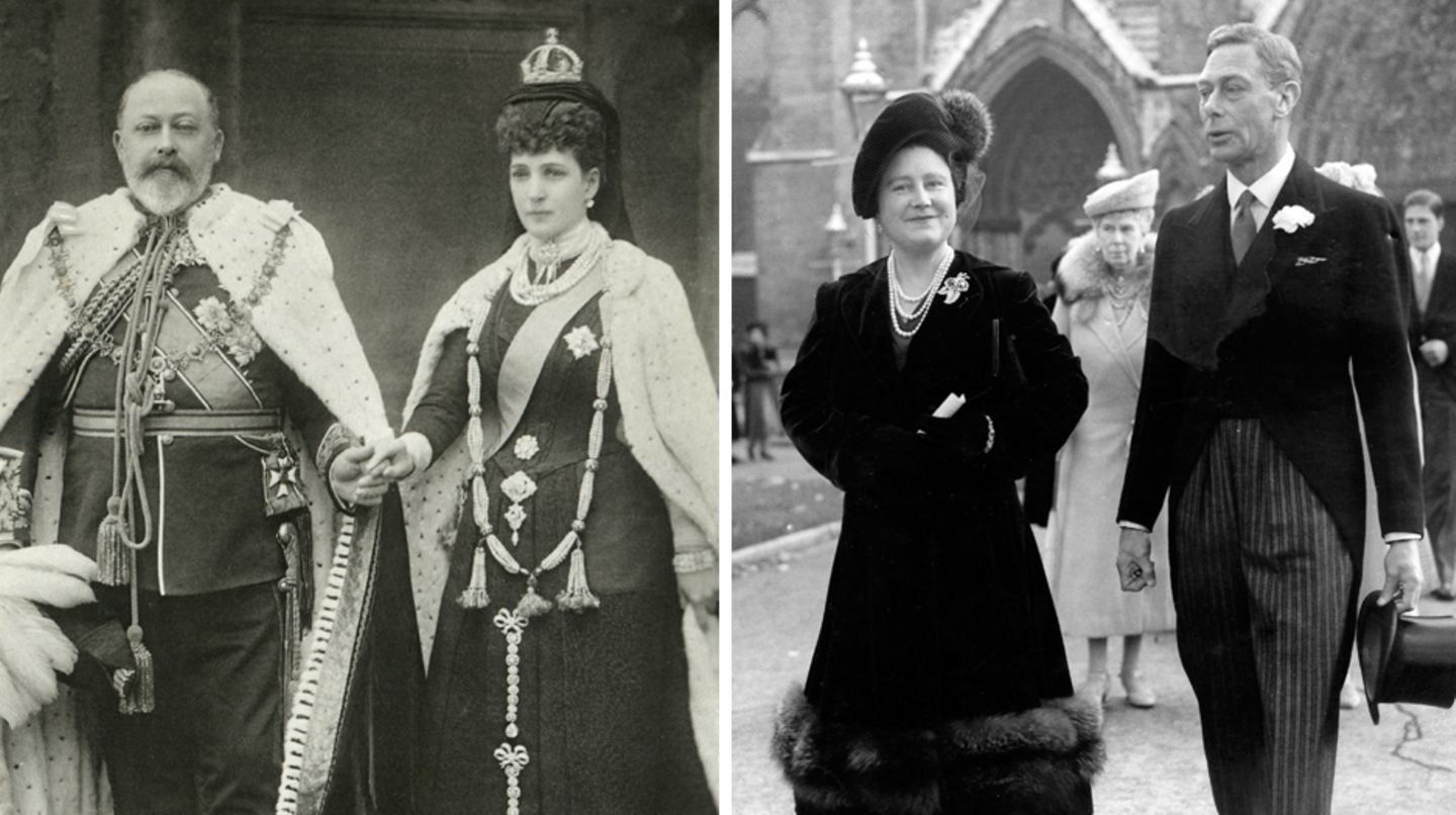 König Edward VII. mi Gemahlin Alexandra (l.) und Queen Mum mit Ehemann George