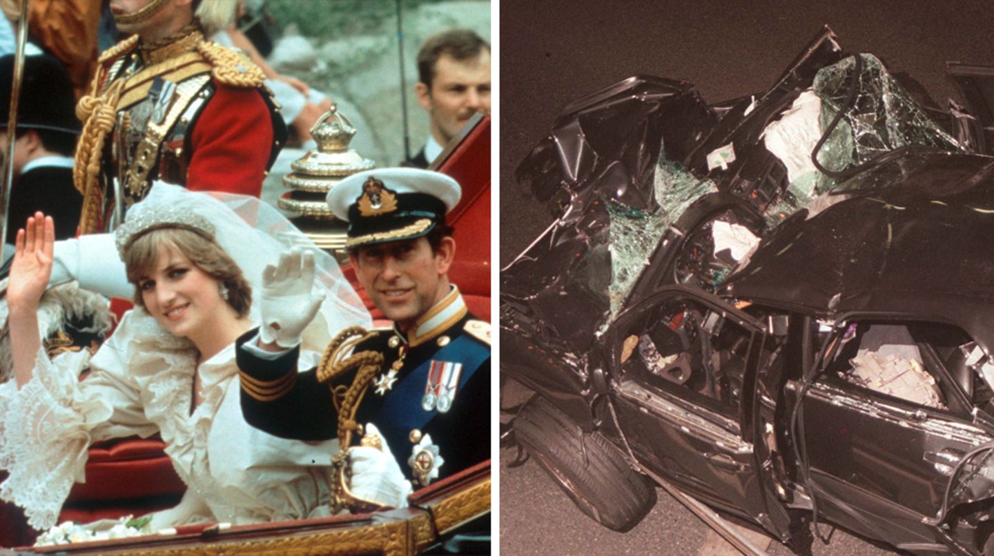 Die Hochzeit von Charles und Diana 1981 und das Unfallwrack bei ihrem tödlichen Crash 1997