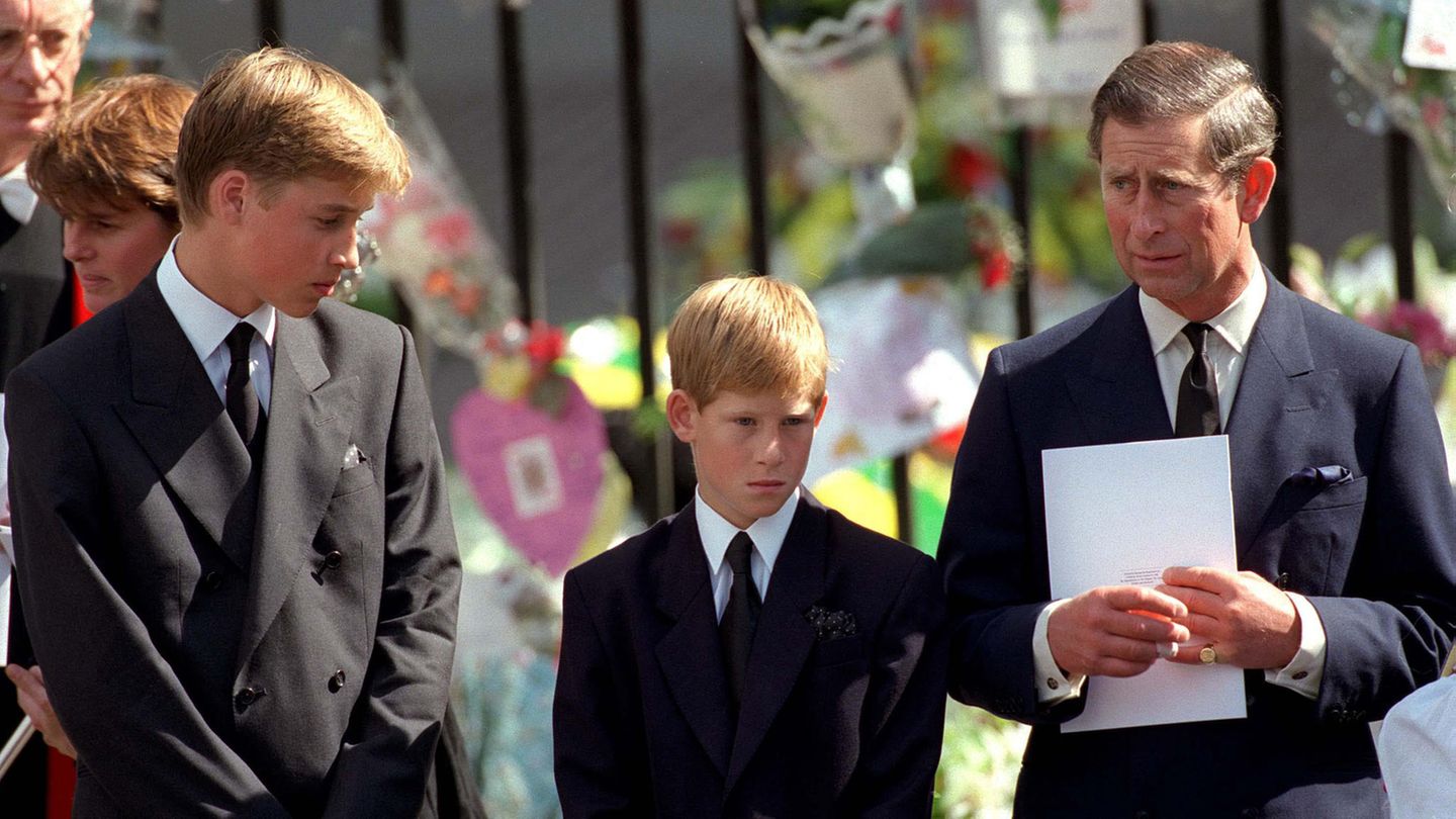 Harry an der Seite von Bruder William und Vater Charles bei der Beerdigung von Diana