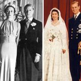 Die Kleider der anderen (v. l.): Königin Viktoria wurde erst 14 Jahre nach ihrer Hochzeit mit Prinz Albert fotografiert, im Jahr 1854. Die geschiedene Wallis Simpson ehelichte 1937 den frisch ab gedankten Eduard VIII. – in Blau. Die künftige Elizabeth II sammelte für ihr Kleid 1947 noch Bezugsscheine