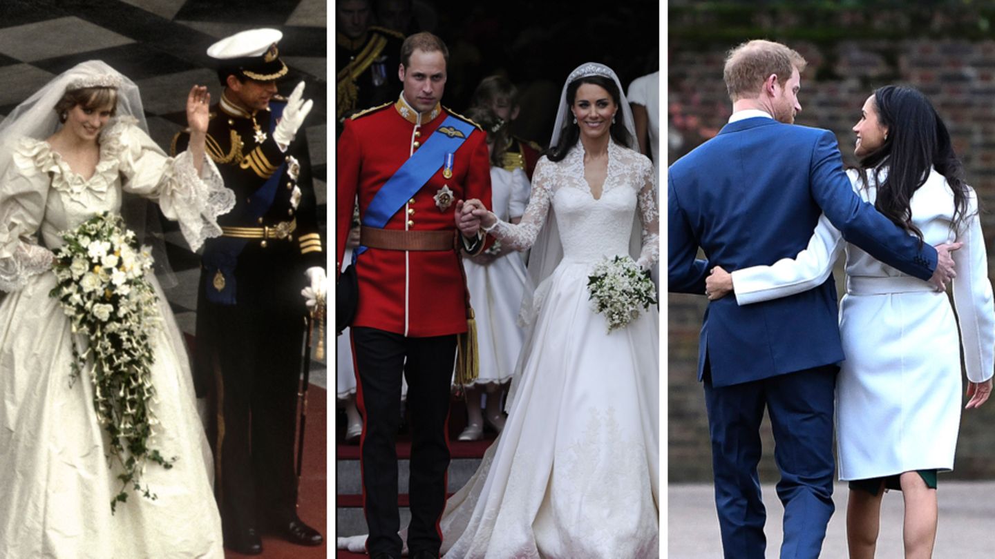 Fünfmal wurde das Outfit von Lady Diana Spencer umgenäht – weil sie immer mehr an Gewicht verlor. Kate Middletons Gewand im Grace-Kelly-Look soll über 250.000 Euro gekostet haben. Gemeinsame Auftritte wie hier zur Verlobung beherrschen Meghan und Harry perfekt