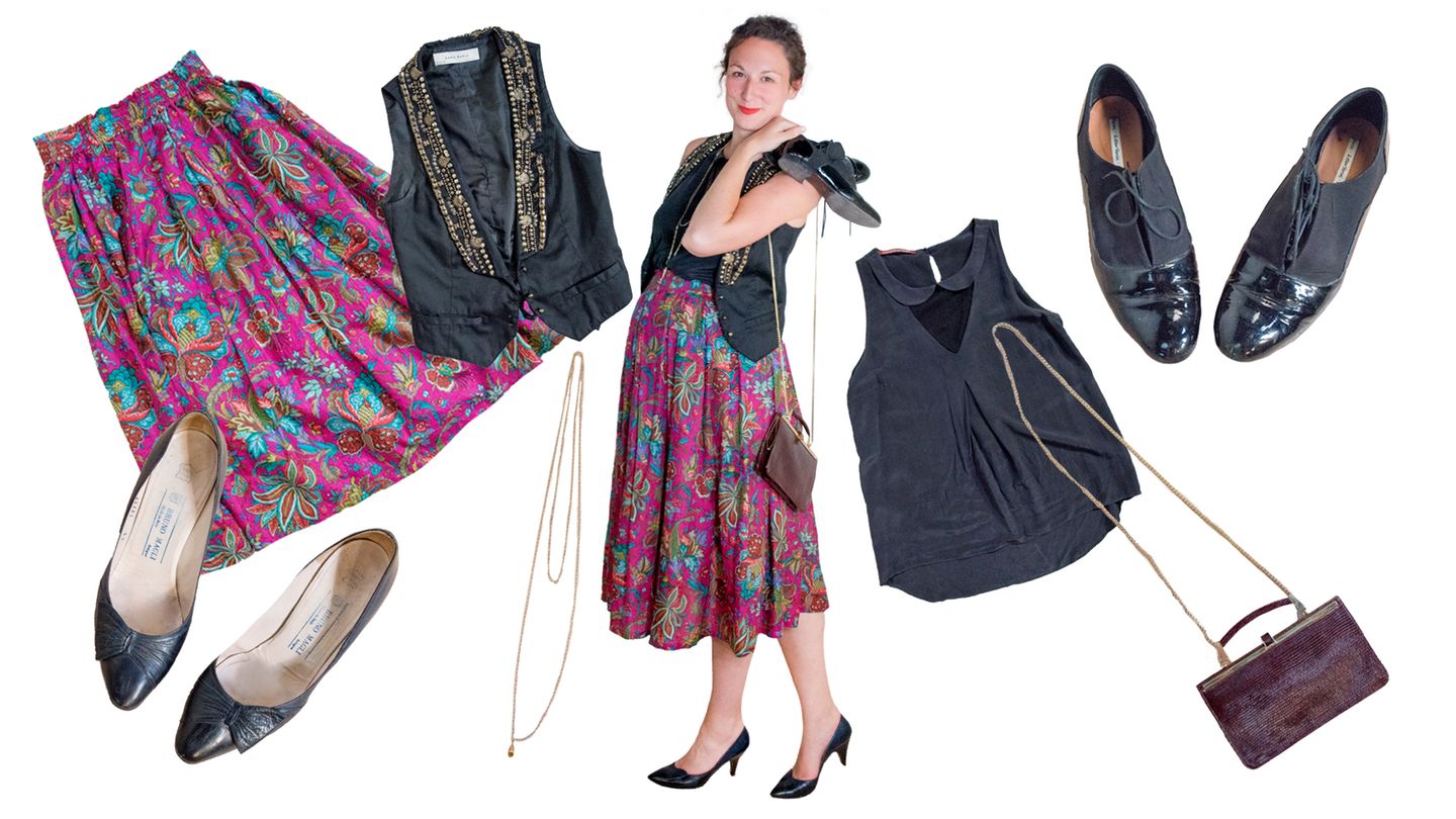 Lea  Das richtige Hochzeitsoutfit ist gar keine so einfache Angelegenheit - vor allem wenn man im 8. Monat schwanger ist so wie ich gerade... Der Rock aber geht immer gut. Ich habe ihn von meiner Mutter vermacht bekommen und er ist schön luftig und oben dehnbar. Die Schleifen-Schuhe sind auch ein Erbstück - von meiner Oma. Sie gefallen wir zwar sehr gut, aber nach spätestens fünf Stunden tun mir darin so die Füße weh, dass ich auf die flachen umsteige. 