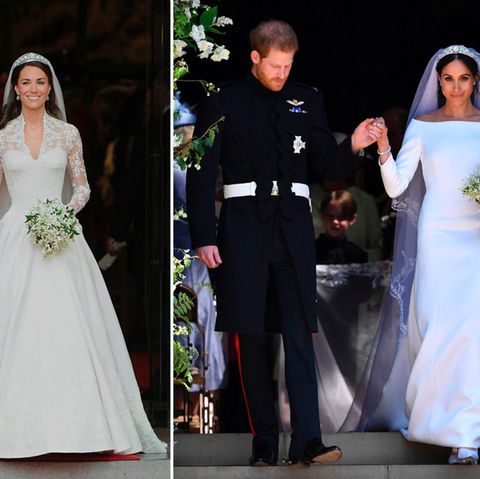 Herzogin Kate bei ihrer Hochzeit mit Prinz William (l.) und Meghan Markle nach der Trauung mit Prinz Harry
